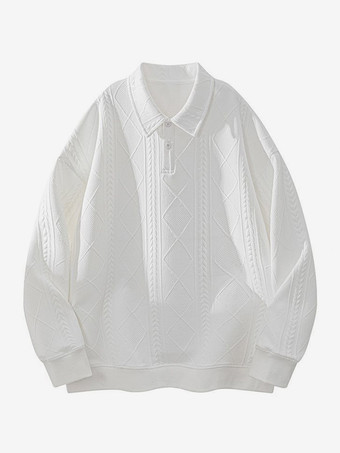 ホワイト メンズ テクスチャード スウェットシャツ ターンダウンカラー 長袖 レトロスタイル ポロジャケット リブ編みの袖口と裾