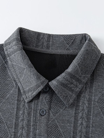 メンズ テクスチャード スウェットシャツ ターンダウンカラー 長袖 レトロスタイル ポロジャケット リブ編みの袖口と裾