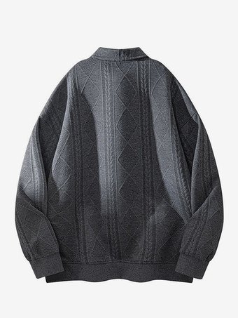 メンズ テクスチャード スウェットシャツ ターンダウンカラー 長袖 レトロスタイル ポロジャケット リブ編みの袖口と裾