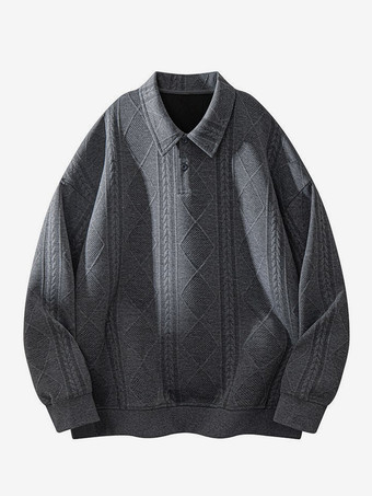 ダークグレー メンズ テクスチャード スウェットシャツ ターンダウンカラー 長袖 レトロスタイル ポロジャケット リブ編みの袖口と裾