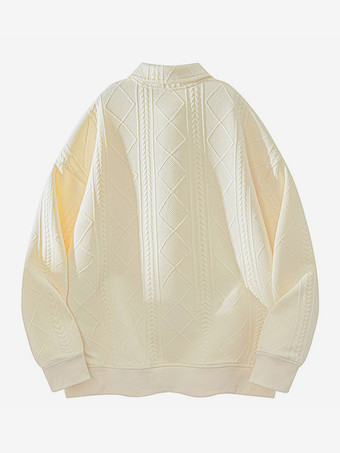 メンズ テクスチャード スウェットシャツ ターンダウンカラー 長袖 レトロスタイル ポロジャケット リブ編みの袖口と裾