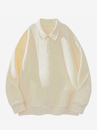 アプリコットメンズ テクスチャード スウェットシャツ ターンダウンカラー 長袖 レトロスタイル ポロジャケット リブ編みの袖口と裾