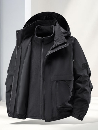 ブラック メンズ アウトドア カップルジャケット 取り外し可能なフード 防風防水 2ピースセット
