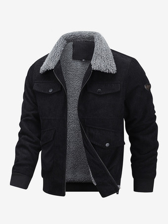 ブラック プラスサイズのコーデュロイジャケット。メンズ用。フリース裏地。フロントにフラップポケットが4つ付いた冬用コート。