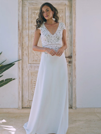 ホワイトボヘミアンウェディングドレス レース Aライン トレーン付き ナチュラルウエスト ウェディングドレス 機能的なボタン 半袖 Vネック アイボリー