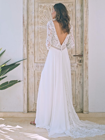ホワイトボヘミアンウェディングドレス レース Aライン トレーン付き ナチュラルウエスト ウェディングドレス 機能的なボタン 長袖 Vネック アイボリー