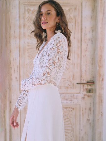 ボヘミアンウェディングドレス レース Aライン トレーン付き ナチュラルウエスト ウェディングドレス 機能的なボタン 長袖 Vネック アイボリー