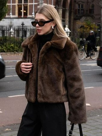 ブラウン クラシックなラペルを備えた環境に優しいフェイクファージャケット（レディース向け）2025年モデル