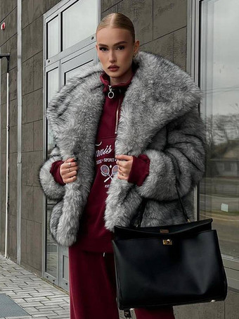 オーバーサイズラペル付きグレーフェイクファージャケット（レディース）2025