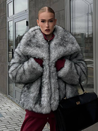 グレイオーバーサイズラペル付きグレーフェイクファージャケット（レディース）2025