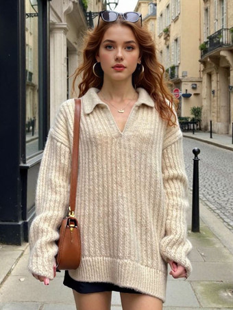 アプリコットVネックターンダウンカラープルオーバーセーター（レディース）2025