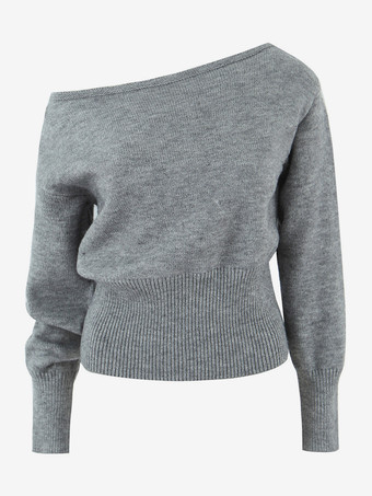 グレイリブウエストとランタンスリーブのアシンメトリープルオーバーセーター（レディース 2025）