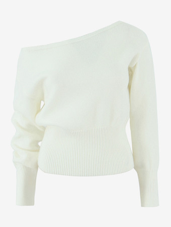 リブウエストとランタンスリーブのアシンメトリープルオーバーセーター（レディース 2025）