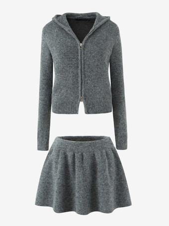 フード付きジップカーディガンとAラインスカートのニットコーデセット（レディース 2025年版）