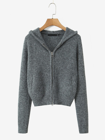 フード付きジップカーディガンとAラインスカートのニットコーデセット（レディース 2025年版）