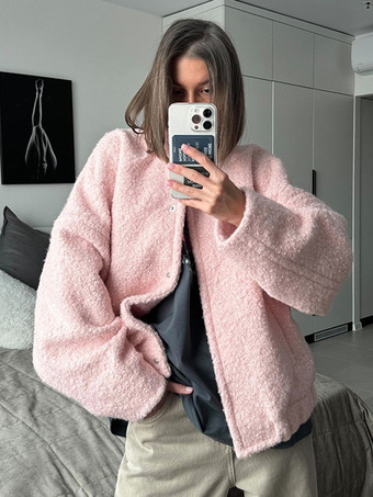スタンドカラーのピンクのプラッシュジャケット（レディース）2025