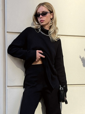 ブラック オーバーサイズタートルネックプルオーバーセーター（サイドスリット入り、レディース向け）2025年