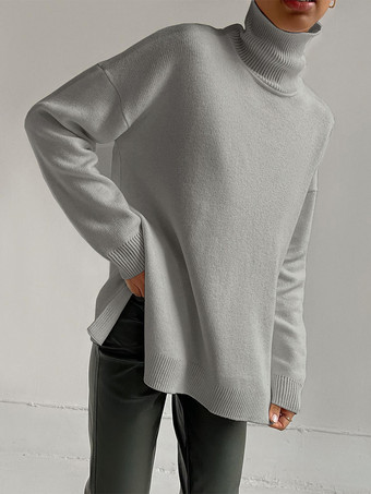 グレイオーバーサイズタートルネックプルオーバーセーター（サイドスリット入り、レディース向け）2025年