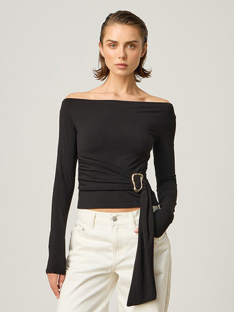 ブラック オフショルダートップス（レディース） ルーシュウエスト＆バックルディテール 2025