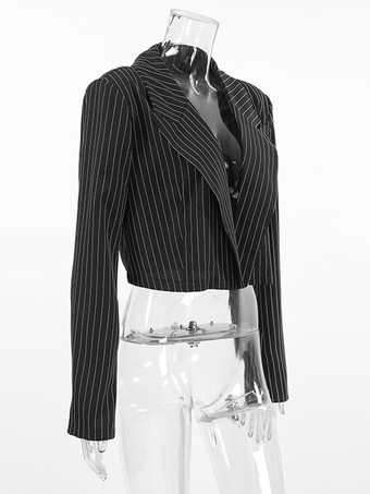 2025年レディース向け、深めのVネックストライプ柄クロップド丈ブレザー