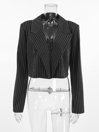 2025年レディース向け、深めのVネックストライプ柄クロップド丈ブレザー