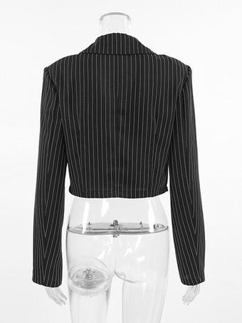 2025年レディース向け、深めのVネックストライプ柄クロップド丈ブレザー