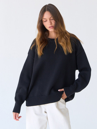 ブラック オーバーサイズベーシックプルオーバーセーター（レディース）2025