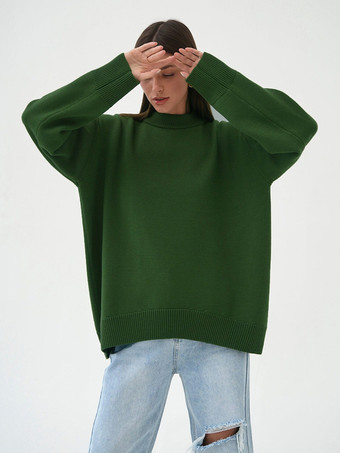 ダークグリーンオーバーサイズベーシックプルオーバーセーター（レディース）2025