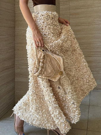 カーキ 3Dローズフラワーディテールロングスカート（レディース）2025