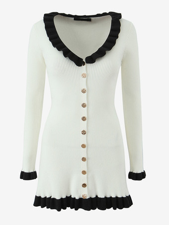 ホワイト コントラストのフリルトリムとゴールドボタンが特徴のニットミニドレス（レディース 2025）
