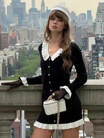 Knit Mini Dress With Contrast Ruffle Trim And Gold Buttons For Women 2026 -  Milanoo.com
