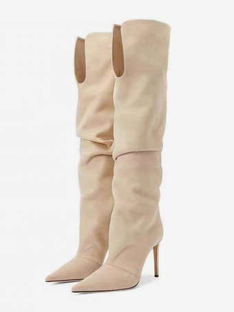 アプリコットスエードオーバーニーブーツ レディース スエードポインテッドトゥハイヒールブーツ