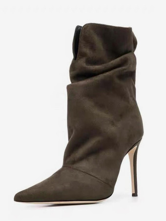 ブラウン スエードアンクルブーツ レディース ポインテッドトゥ ハイヒール ブーティ