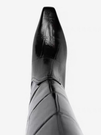 ブラックニーハイブーツ ストーン柄 スクエアトゥ チャンキーヒールブーツ