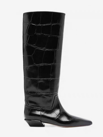 ブラックニーハイブーツ ストーン柄 スクエアトゥ チャンキーヒールブーツ