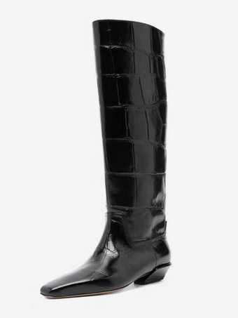 ブラック ブラックニーハイブーツ ストーン柄 スクエアトゥ チャンキーヒールブーツ