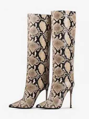 Women's Knee High Boots Snake Pattern Pointed Toe High Heel Boots
