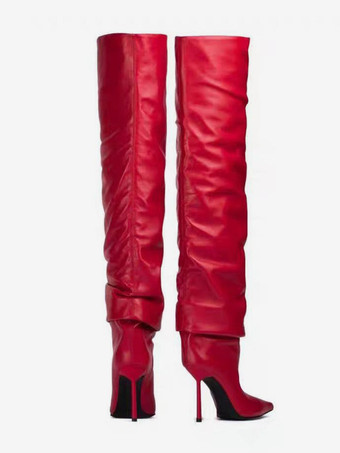 赤いハイヒールブーツ、つま先が尖ったスラウチ、つま先が尖ったニーハイブーツ