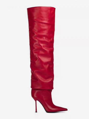 赤いハイヒールブーツ、つま先が尖ったスラウチ、つま先が尖ったニーハイブーツ
