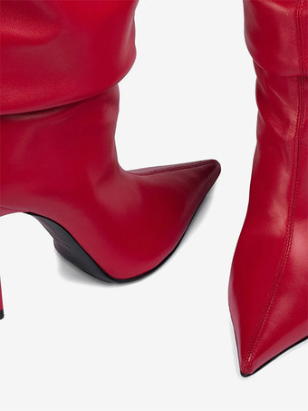 赤いハイヒールブーツ、つま先が尖ったスラウチ、つま先が尖ったニーハイブーツ