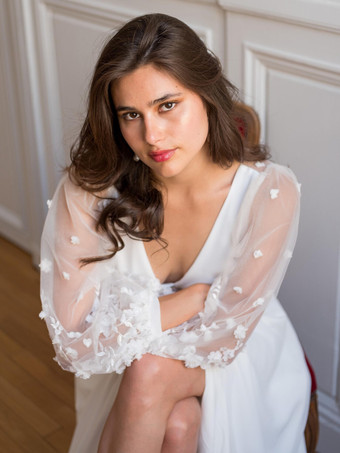 シンプルなウェディングドレス Vネック ロングスリーブ トレーン付き チュール ブライダルドレス