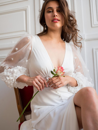 シンプルなウェディングドレス Vネック ロングスリーブ トレーン付き チュール ブライダルドレス