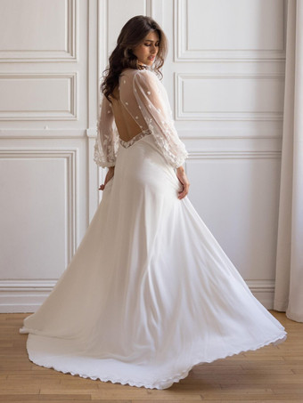 シンプルなウェディングドレス Vネック ロングスリーブ トレーン付き チュール ブライダルドレス