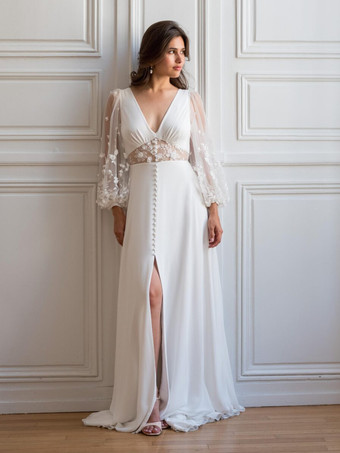 ホワイトシンプルなウェディングドレス Vネック ロングスリーブ トレーン付き チュール ブライダルドレス