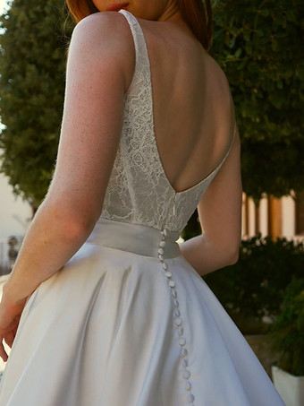 ツーピース ヴィンテージ ウェディングドレス ショート ウェディングドレス サテン生地 レース スクエアネック Aライン トレーン付き ウェディングドレス ノースリーブ ロング