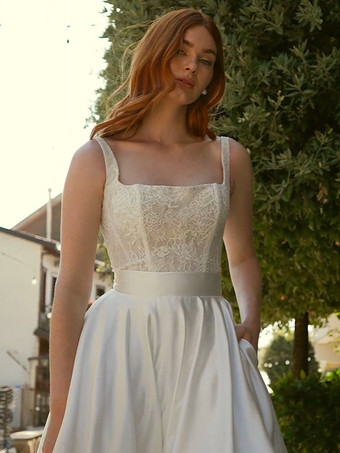 ツーピース ヴィンテージ ウェディングドレス ショート ウェディングドレス サテン生地 レース スクエアネック Aライン トレーン付き ウェディングドレス ノースリーブ ロング