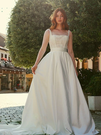 アイボリーツーピース ヴィンテージ ウェディングドレス ショート ウェディングドレス サテン生地 レース スクエアネック Aライン トレーン付き ウェディングドレス ノースリーブ ロング