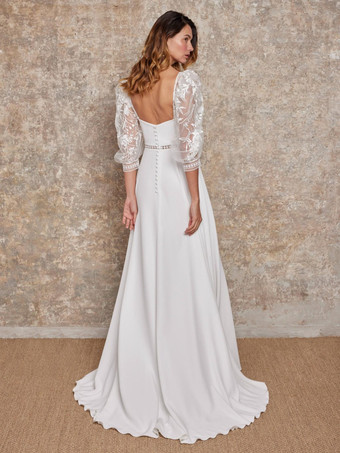 ボヘミアンウェディングドレス、Aライン、7分袖、サテン生地、スウィートハートネック、ブライダルガウン