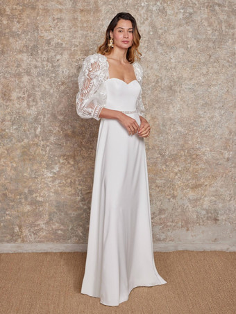 アイボリーボヘミアンウェディングドレス、Aライン、7分袖、サテン生地、スウィートハートネック、ブライダルガウン