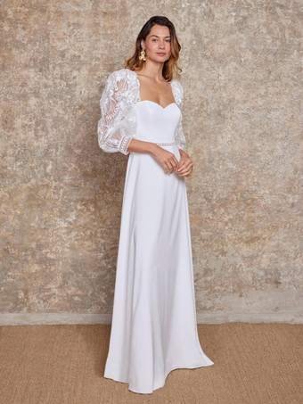 ホワイトボヘミアンウェディングドレス、Aライン、7分袖、サテン生地、スウィートハートネック、ブライダルガウン